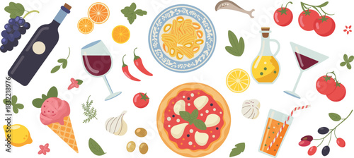 Italian food illustration, pizza pasta wine ingredients collection with fresh vegetables, herbs, fruits, drinks, culinary elements