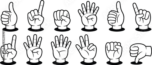 Cartoon hand gesture collection, expressive vector illustration set showing thumbs, signs, symbols, communication icons