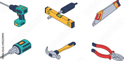 Colorful vector illustration set of essential hand tools and power tools for construction, repair, carpentry, DIY projects on white background