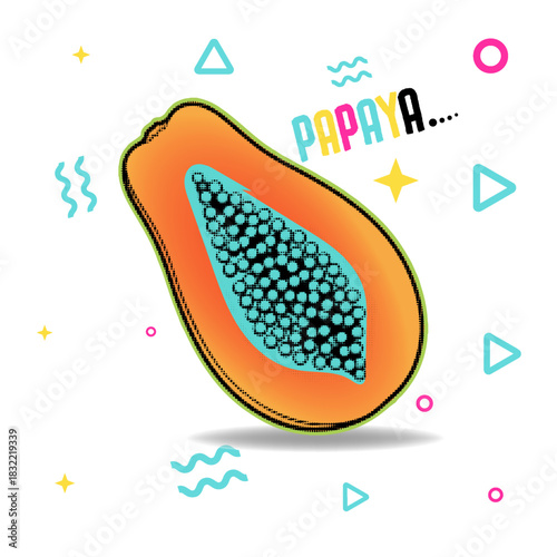 Halftone pop art styled halved papaya fruit with striking neon colors, aqua blue seeds, and memphis graphics, vector illustration