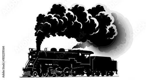 Vintage steam train silhouette with billowing smoke classic locomotive vector illustration isolated on white background