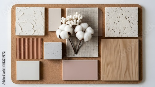 Material board design moodboard interior design cotton texture wood tile color palette inspiration beige neutral