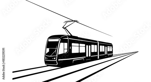 Modern tram vector illustration black and white design isolated on white background for transportation and city concepts