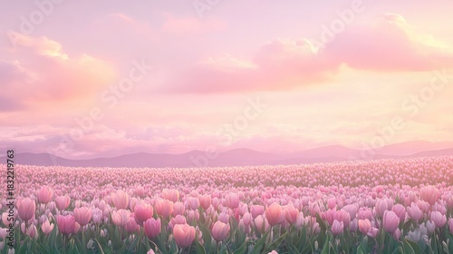 A peaceful landscape showing rows of pastel-colored tulips blending harmoniously into the spring sky