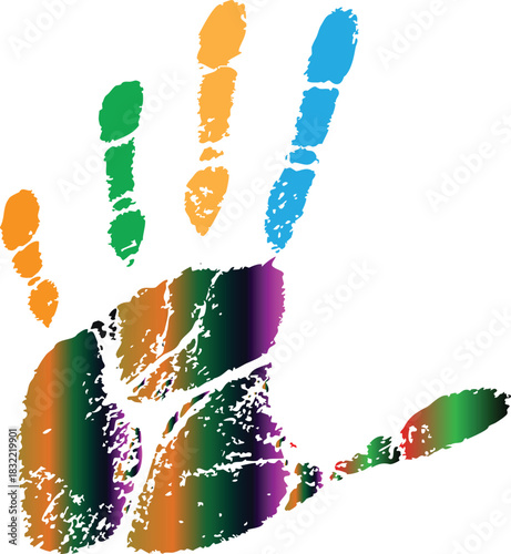 Colorful handprint illustration with grunge texture, symbolizing unity, diversity, and artistic expression, perfect for creative projects and awareness campaigns