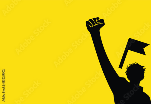 Silhouette of a person with a raised fist and a flag, representing protest, activism, and social justice on a yellow background, ideal for concepts