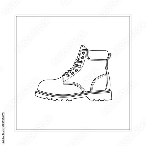 Detailed line drawing of a rugged work boot with laces and thick sole