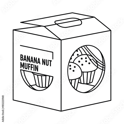 Line drawing of a cardboard box with a window showing banana nut muffins inside