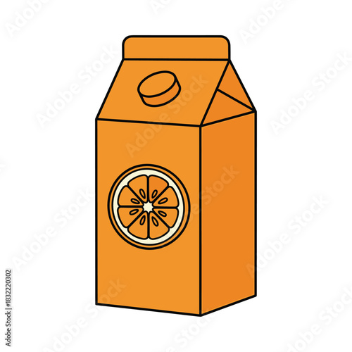 Orange juice carton with a slice of orange illustration on a white background