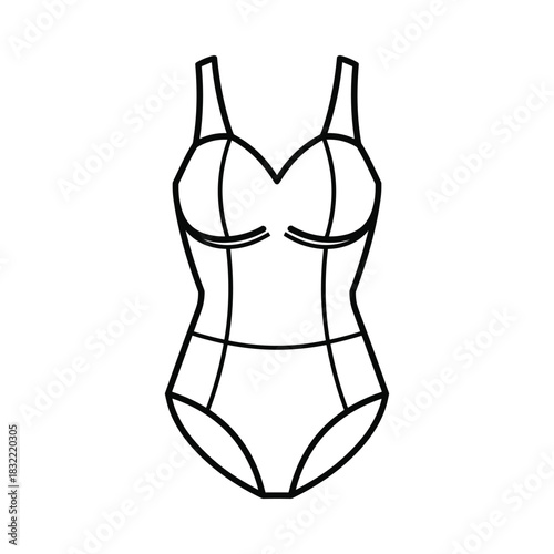 Simple line drawing of a classic one piece swimsuit with straps and bust support