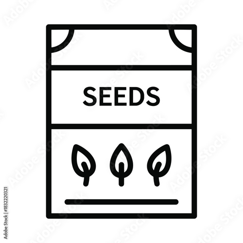 Simple line art icon of a seed packet with the word seeds and three leaves