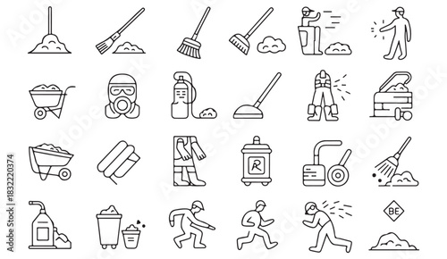 Comprehensive janitorial illustration pack covering tools, chemicals, equipment, and cleaning actions