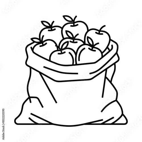 Simple line drawing of a sacks of fresh apples harvested from the orchard