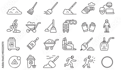 Outline janitorial and housekeeping icons for hygiene, facility service, and maintenance design