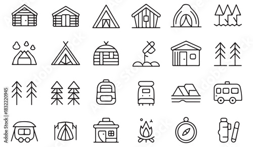 Nature and exploration symbol set covering cabins, mountains, tents, and camp activities