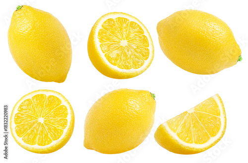 Slice of lemon, whole lemon, and half of lemon with clipping path without shadows. Lemons isolated collections, no shadow.  Not AI, Real retouched photo.