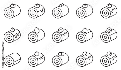 Minimalist dessert icon set featuring cake rolls, pastries, whipped toppings, and sweet treats