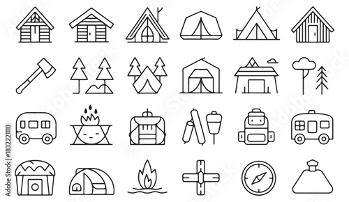 Clean line-style outdoor recreation icons including forests, caravans, and trail markers