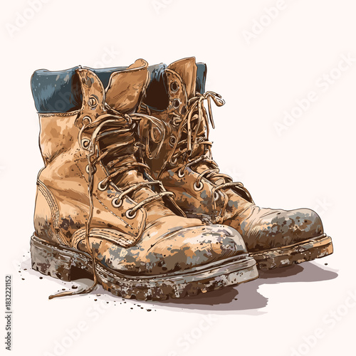 Vector illustration of a pair of dirty work boots covered in mud