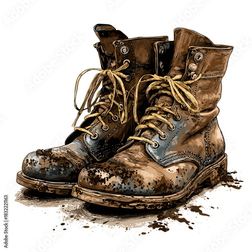 Vector illustration of a pair of dirty work boots covered in mud