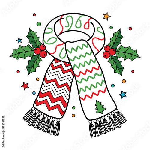 Whimsical Winter Holiday Scarf Vector Illustration with Festive Holly and Decorative Elements, Perfect for Seasonal Designs and Celebrations