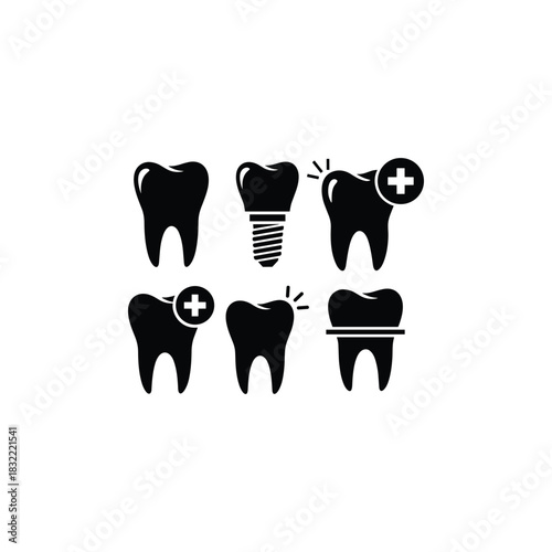 Dental health icons set showing treatment, implant, and tooth care Vector