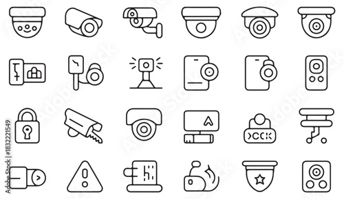  Minimalist security and CCTV icon set featuring cameras, alarms, locks, and monitoring tools
