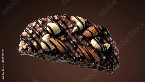 A protein chocolate bar with nuts and dried fruit pieces flies and falls in slow motion against a dark background.