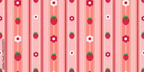 Peach color striped cottagecore style seamless pattern with cute red strawberries, and small daisy flowers. Vector illustration for backgrounds textiles, wrapping paper pastel color decorative design 