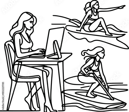 A woman working at a computer and surfing. Balance between career and active leisure.