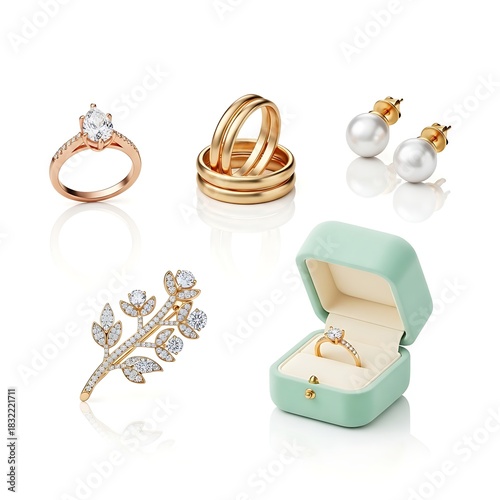 Elegant jewelry collection featuring rings earrings and a floral brooch on white
