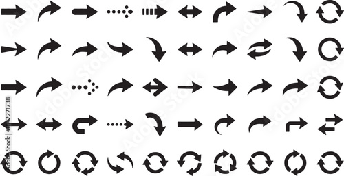 Collection of various black arrow icons showing direction, rotation, and movement in different styles