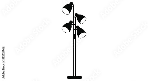 A striking black floor lamp with multiple adjustable spotlights presented as a silhouette
