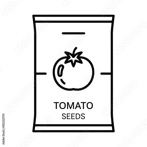 Simple line art illustration of a tomato seed packet with a tomato icon and text