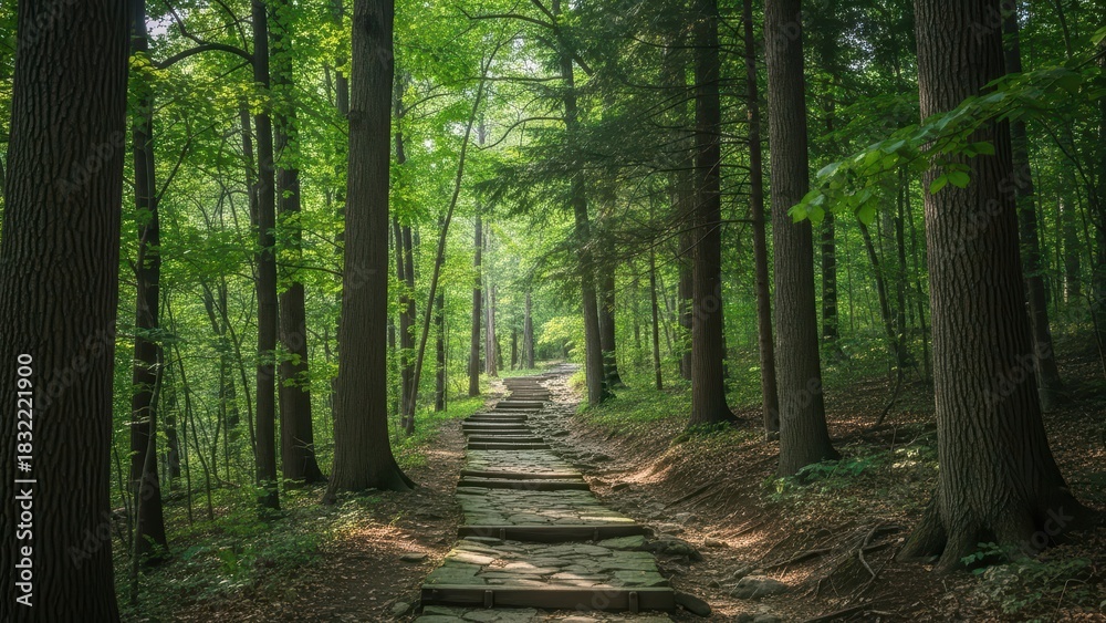 Obraz premium Serene forest pathway through lush greenery and tall trees