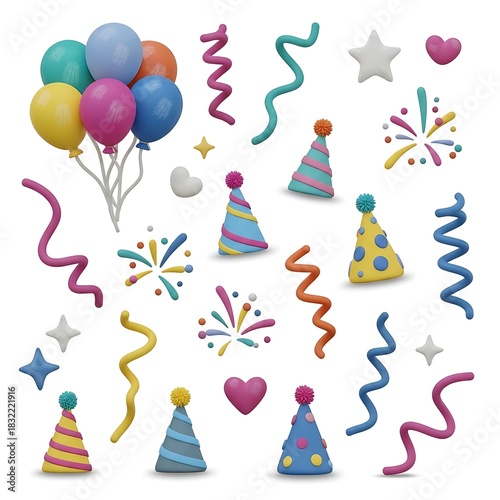 Festive Party Elements Celebration with Balloons Confetti and Party Hats