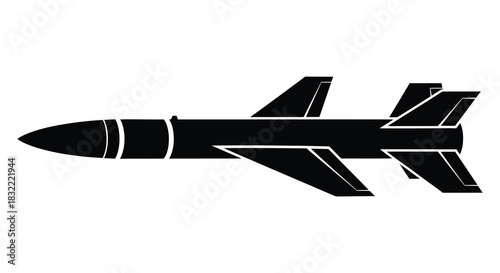 A striking black and white depiction of a guided missile with wings a distinct silhouette