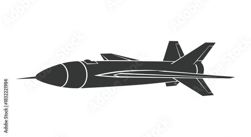 Detailed depiction of a guided missile design in stark black and white silhouette