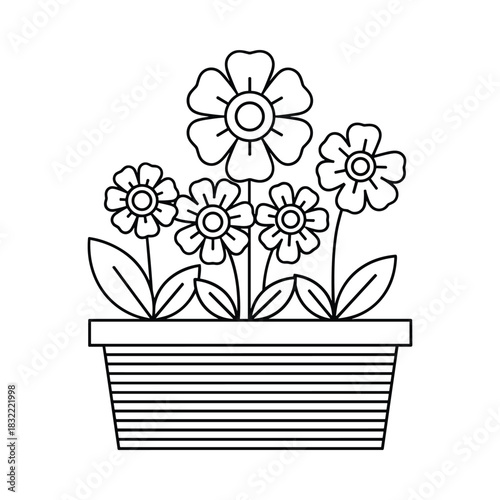 Simple outline drawing of five flowers in a striped pot