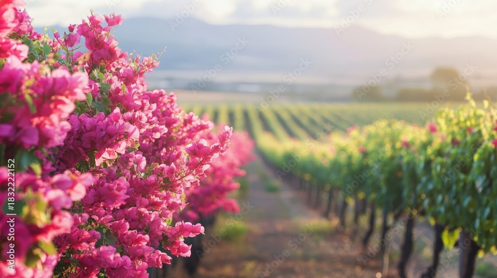 Obraz premium A stunning view of sprawling pastel pink bougainvillea growing alongside an open vineyard