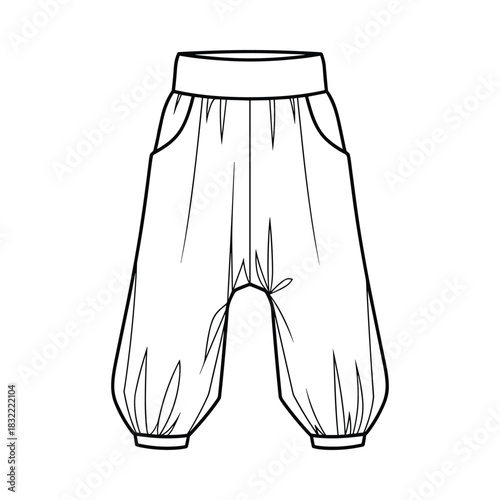 Hand drawn sketch of loose fitting baby pants with elastic waistband and cuffs
