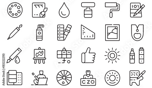 Modern thin-line design icons representing editing tools, paint supplies, and creative elements