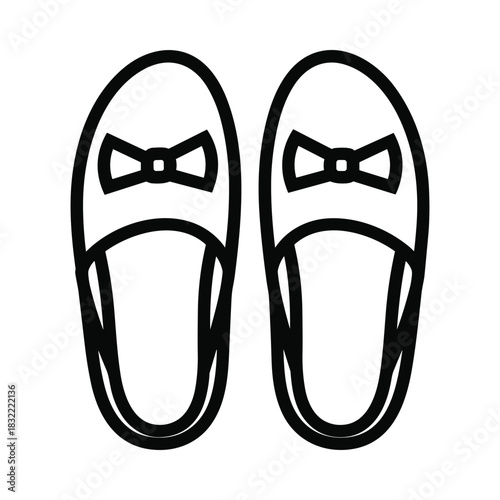 Simple outline drawing of a pair of women s slippers with bows