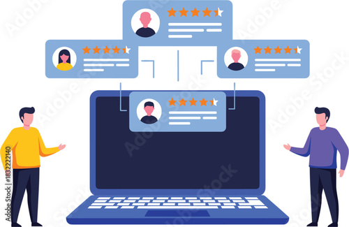 Digital marketing concept of online customer feedback and star ratings showcasing service reviews consumer satisfaction and user experience analysis on a laptop