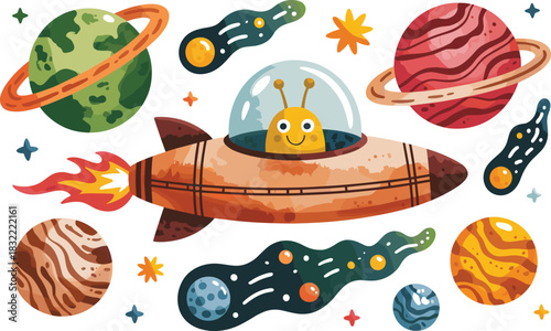 Cute alien flying spaceship surrounded by colorful planets, cosmic elements, cartoon space illustration for kids and design
