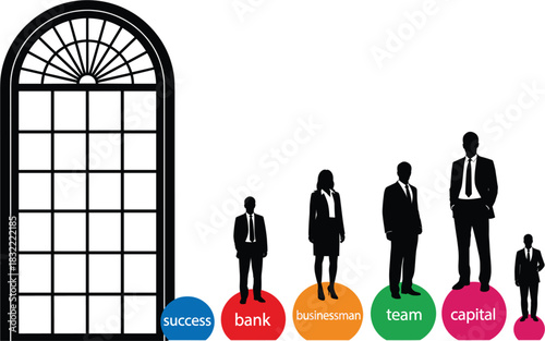 Diverse corporate team silhouettes standing on labeled success pillars near an arched window symbolizing teamwork bank capital and professional achievement.