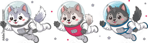 Cute husky astronaut characters flying in space, adorable animal illustration set for kids and cartoon design