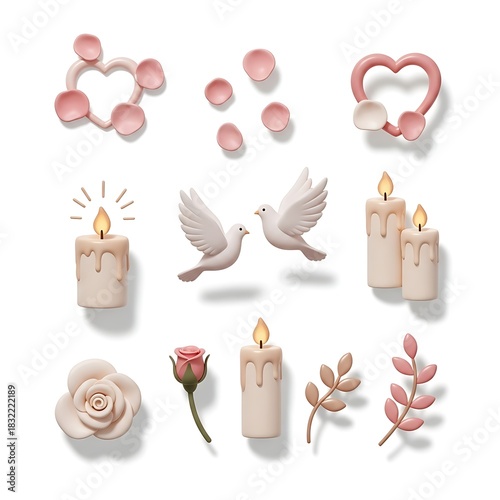 Wedding celebration icons collection with doves candles and pink flowers