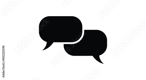 Two overlapping black speech bubbles in a minimalist style representing dialogue communication and conversation silhouette