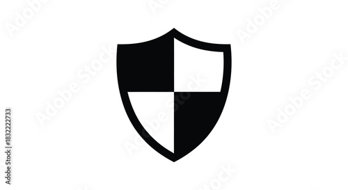 A striking black and white shield design prominently displayed with a bold geometric silhouette